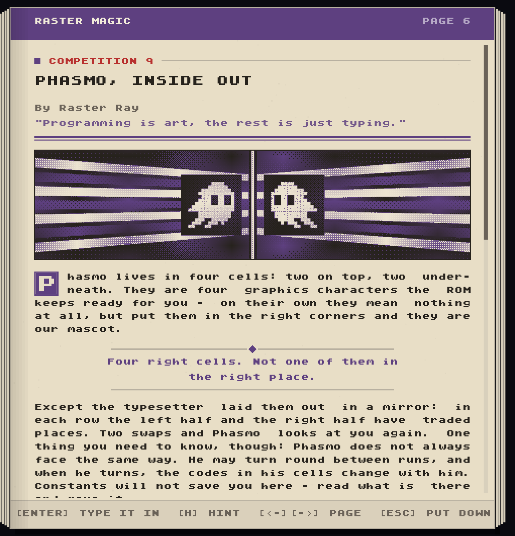 A magazine article page: Competition 9, 'Phasmo, Inside Out', with a purple illustration of the ghost mascot mirrored across raster bars.