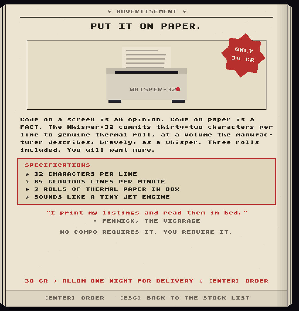 A full-page magazine advertisement for the Whisper-32 thermal printer: 'Put it on paper', a pixel-art printer with a red 'Only 30 CR' rosette, specifications, and a reader testimonial.