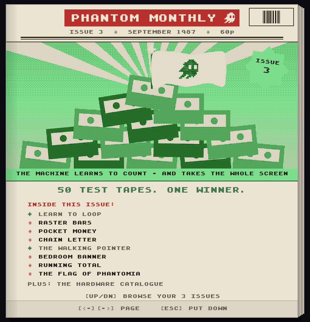 Phantom Monthly magazine cover, Issue 3, September 1987: a pixel-art heap of cassette tapes in green, headline '50 test tapes. One winner.'