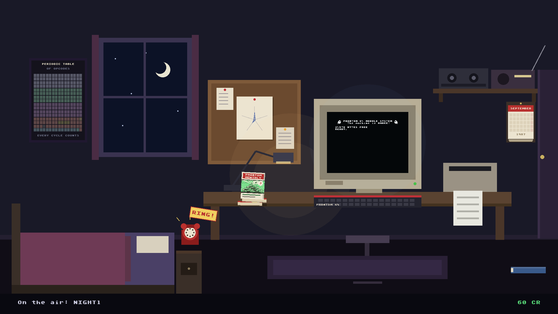Your moonlit bedroom at night. Your Phantom 64 glows on the desk, the latest issue of Phantom Monthly beside it. The telephone rings. It's September 1987, and you're already making a name for yourself.